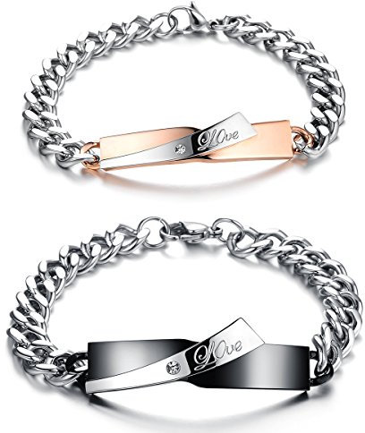 Cupimatch 2pcs Pärchen Armbänder, Panzerarmband mit Gravur LOVE Zirkonia Panzerkette Freundschaftsarmband Valentinstag Damen Herren Armreif geschenk silber schwarz rosegold
