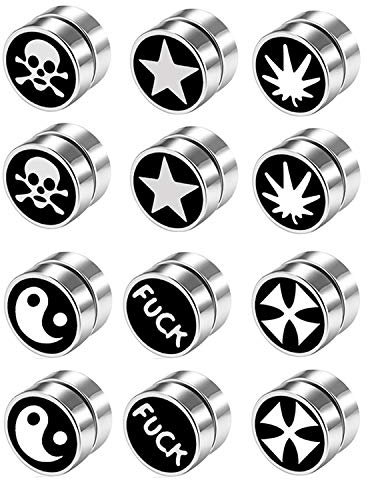 JewelryWe Schmuck 6 Paar Magnet Ohrringe Set Edelstahl Rund Fake Plug Magnetische Ohrstecker für Herren Damen Ohr Clips Tunnel Non-Piercing Totenkopf Yin Yang Stern Ahornblatt FUCK Kreuz Silber
