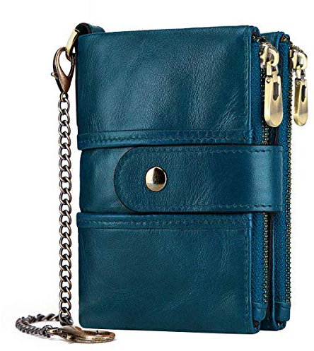 Damen Geldbörse mit RFID Schutz Echtleder, Geldbörse mit Kette mehrere Fächer Geldbörse für Frauen mit Doppelreißverschluss, kleines Faltfach für Münzen, 16 Kartenfächer (Blau)