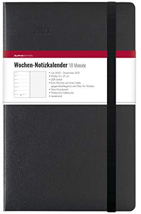 Wochen Notizkalender 18 Monate groß Black 2021 - Taschen-Kalender 13x21 cm - mit Verschlussband & Falttasche - Juli 2020 bis Dez 2021 - Weekly - 128 Seiten