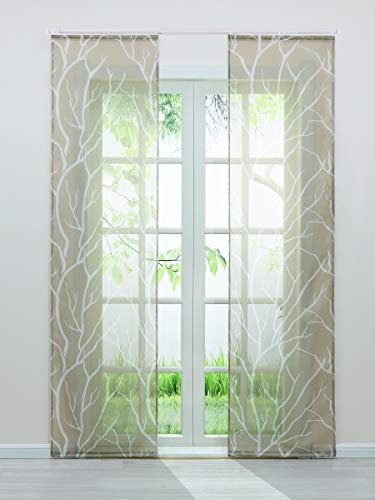 Voile Schiebegardinen mit Äste Muster Flächenvorhänge Vorhang Gardine Klettband Komplett mit Paneelwagen Beschwerungsstange (2er-Set, je H/B: 175/57 cm)