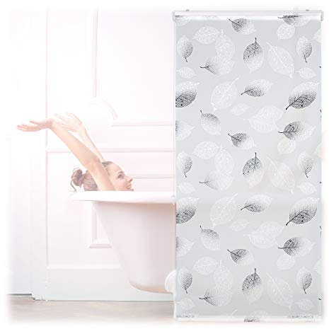 Relaxdays Tenda da Doccia, 80x240, Design a Foglie, Rullo Flessibile, Vasca da Bagno, Soffitto & Finestra, Nero-Bianco