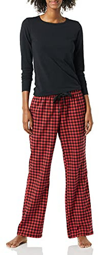 Amazon Essentials Pyjama avec Pantalon Léger en Flanelle et T-Shirt à Manches Longues Femme, Rouge/Noir, Carreaux Lainés Mini, XS