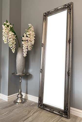 DOWNTON INTERIORS Tall Antique Silver Full Length Dressing Wall Mirror with Bevelled Glass - Overall Size: 142 cm x 47 cm