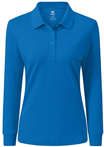 AjezMax Poloshirt Damen Langarmshirt Baumwolle Polohemd Winter Warm Sport Top mit Polokragen Large See blau