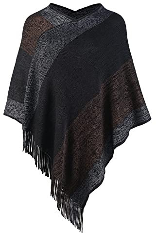 Damen Eleganter Strickschal Poncho mit Fransen V-Ausschnitt Gestreift Pullover Umhang Geschenke für Frauen Mama, Schwarzer Senf, S/XL