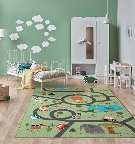 the carpet Happy Life Kinderzimmer, Kinderteppich, Spielteppich, Straßenteppich, Straße, Dschungel, Tiere, Auto, Grün, 200 x 290 cm