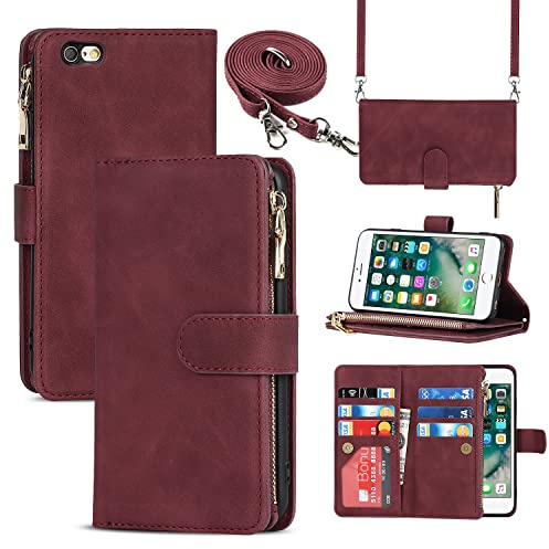 Cavor Crossbody iPhone 6 Plus/6S Plus Case With Card Holder With Strap,Flip Leather Wallet Case,[9 Card Holder] Zipper Detachable Lanyard Phone Case Cover for women - Red