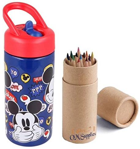 OM SUPPLIES Bouteille d'eau réutilisable Mickey avec poignée intégrée pour un transport facile à l'école, le déjeuner des enfants, 410 ml (Mickey)