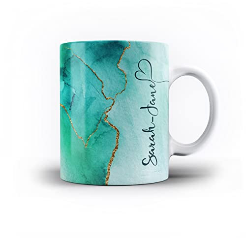 iCaseDesigner Personalised Agate Watercolour Marble Name with Heart 11oz Ceramic Mug - 27. Teal Green Vertical Name
