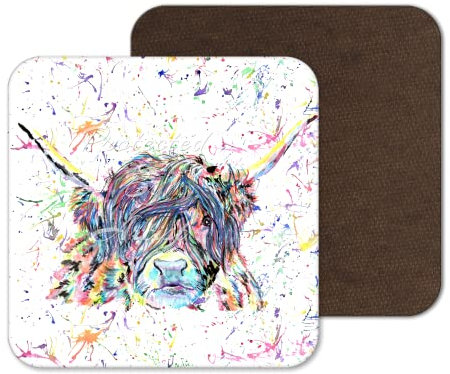 Vixar Dessous de verre Vache Highland Animaux de la ferme écossaise Dessous-de-verre Aquarelle Art Cadeau Travail Bureau Salle à manger Thé Café (1)