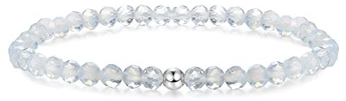 JeweBella Bracelet 4mm Perlenarmband Damen mit 925 Silber Perle Armband Rose Quartz Amethyst Obsidian Mondstein Hämatit Natürliche Edelstein Armband Damen Herren Stretch Facettierte Perlen Armbänder