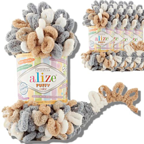 Alize 5x 100g Puffy türkische Wolle Super Bulky Chenillegarn Kuschelweich Babywolle Handstrickgarn zum häkeln weiches Chenille-Garn XXL-Knäuel für Amigurumi (6395)