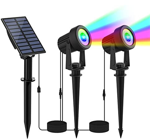 NATPOW Spot Solaire Extérieur RGB, 2 Modes 6 Couleurs Projecteur Solaire Exterieur, 5V Lampe Solaire Exterieur Puissante, Etanche IP65 pour Jardin, Terrasse, Chemin, Arbre, 2 en 1