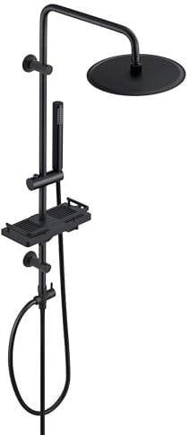 Görbach Regendusche Duschsystem mit Ablage, Edelstahl Duschset ohne Armatur mit Rund Kopfbrause Schwarz (D20cm)