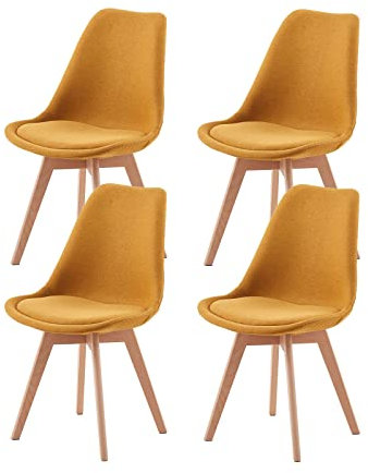EGGREE 4er Set Esszimmerstühle Skandinavisch Design, Polsterstuhl aus Leinen Rückenlehne, Küchenstuhl Essstühle mit Massivholz Buche Bein SGS Geprüfter, Gelb