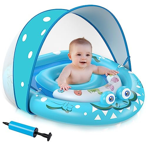 URMYWO Schwimmring baby,schwimmhilfe baby mit abnehmbares Sonnendach UPF50+ & Verstellbarer Sicherheitssitz Schwimmring kleinkind für 6-36 Monate(blau)