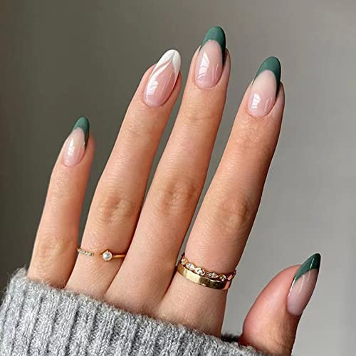 JUSTOTRY 24 Pcs Almond Short False Nails,Dark Green French Press on Nails Pattern,Nude Fake Nail Short,Oval Medium Stick on Nail for Women,Nails Fake Nail for Nail Art