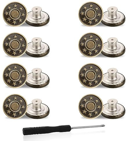 Amaxiu 8 Piezas Botones de Jeans, 17mm Metal para Vaqueros Ajustables y Extraíbles con Remaches Roscados