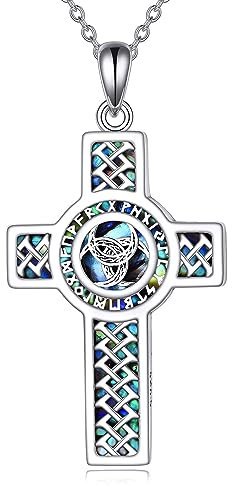 YFN Viking Cross Necklace Sterling SIlver Celtic Knot Pendant Viking Religious Jewellery Gifts for Women Men (Triple Horn)
