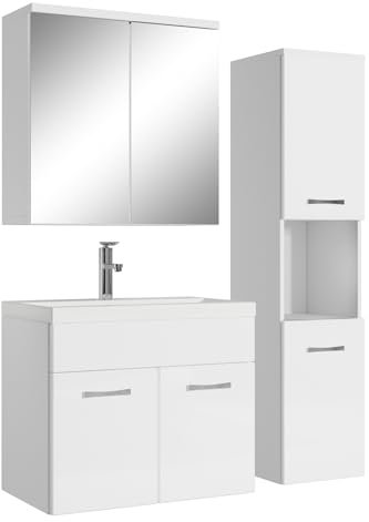 Badezimmer Badmöbel Set Montreal mit Spiegelschrank 60cm Waschbecken Hochglanz Weiß - Unterschrank Hochschrank Waschtisch Möbel