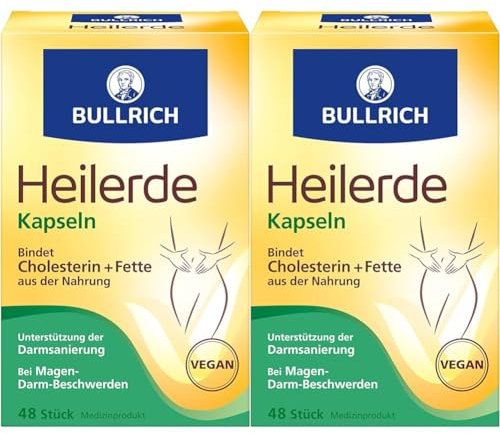 Bullrich Heilerde Kapseln | Linderung von Magen-Darm-Beschwerden und Unterstützung bei der Darmsanierung | Bindet Cholesterin + Fette aus der Nahrung | Vegan | 48 Stück(2er Pack)