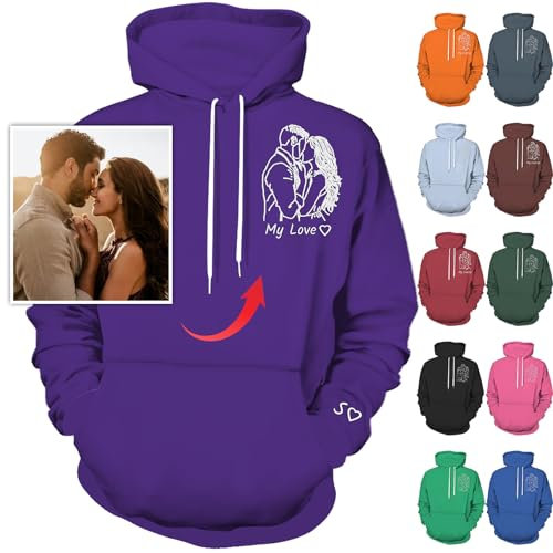 Nevaou Felpa con cappuccio personalizzata Progetta il tuo ritratto dalla foto Felpe personalizzate Uomini Donne Coppie Felpe con cappuccio Regali personalizzati, Viola, L/6XL