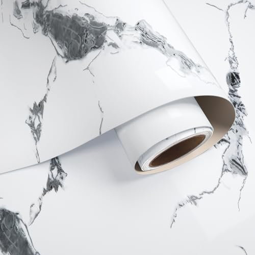 VaryPaper Self Adhesive White Grey Marble Wallpaper 40cmx200cm Marble Sticky Back Plastic Kitchen Worktop Covering Bathroom Wallpaper Waterproof Adhesive Table Cover Shelf Liner Cupboard Vinyl Wrap