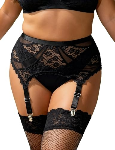 comeondear Women Black Suspender Belt for Stockings, Plus Size Lace Garter Belt with 4 Wide Elastic Straps, Adjustable High Waist Mesh Lingerie Sets UK12-14