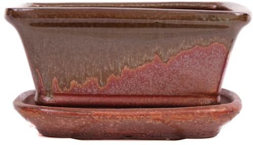 Bonsai-Shopping Bonsai - Schale eckig 16.5 x 13 x 7.7 cm, Kupfer/grünbraun, mit Untersetzer 23181