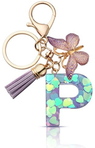 CHUQING Schlüsselanhänger Mädchen Buchstabe Schlüsselanhänger mit Anfangsbuchstaben Schlüssel Anhänger Geschenke Keychain Letter für Frauen Lila P