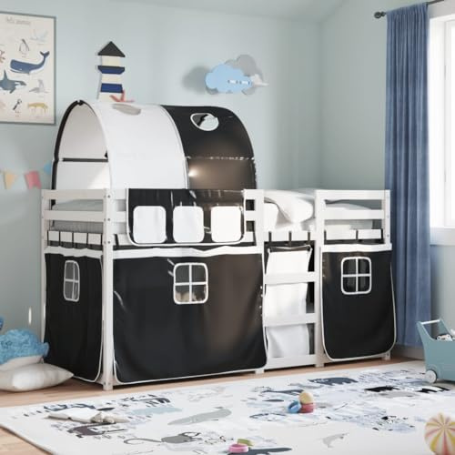 vidaXL Etagenbett, Kinderbett mit Vorhängen Leiter, Hochbett Spielbett für Kinder ab 6 Jahren, Doppel Stockbett Bett, Weiß Schwarz 80x200cm Massivholz Kiefer