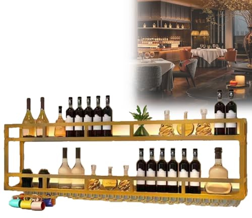 FANYING Casier à vin Mural Industriel avec éclairage, Porte-Bouteille en métal, casier à vin Multifonctionnel pour Bar à Domicile, Salle à Manger, Cuisine,Gold-150x20x55cm