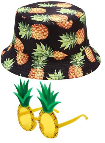 CHSZSH 1 Damen-Eimerhut, 1 Paar Ananas-Brille, Ananas-Muster-Sonnenhut, Süßer Damen-Sonnenhut, Sommerhut