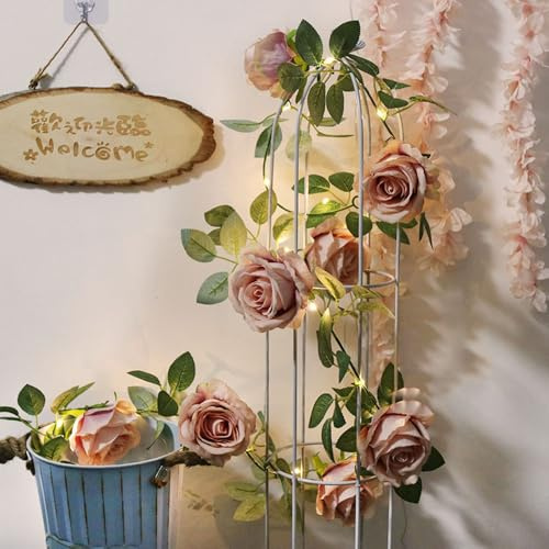 GUOCHENG Vintage Rose Garland Light 2m Artificial Hanging Flower Strings with Timer, Battery Power Rose Wreath Lights Decor for Bedroom Home Wedding, Wall Decoration
