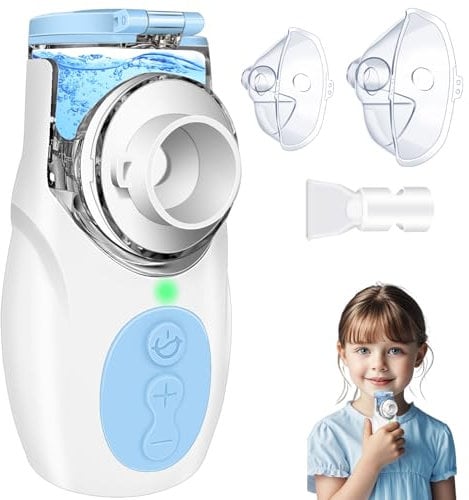 VKFOFEG Aerosol Portatile Silenzioso per Adulti e Bambini, USB-C Ricaricabile Nebulizzatore Aerosol con 2 Maschere e Boccaglio, Velocità di Atomizzazione Regolabile per Viaggi e Uso Domestico (Blu)