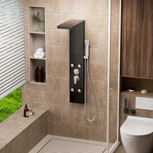 Makamsui Edelstahl-Duschpaneel-Tower-System, Duschpaneel-System mit verstellbarem Regenduschkopf, sanfter und regenähnlicher Sprüh-Handbrause für Zuhause, Hotel, Resort, Split-Typ, Schwarz