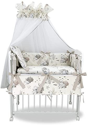 Baby Delux Beistellbett Set Babybett Komplett Set Stubenwagen weiß 90x40 mobil mit Rädern inkl. Bettwäsche Matratze (Robbe beige)