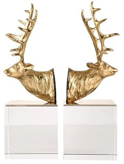 Yingbei Serre-livres créatifs en laiton et cristal en forme de tête de cerf - Butées de livre pour bureau, comptoir, livres d'art pour décoration d'intérieur et d'étagères