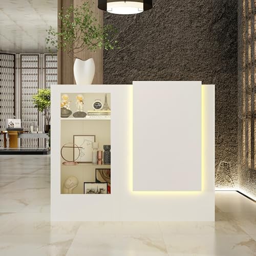DEZAGCE Eck-Empfangstheke mit LED & Tastaturauszug, 120 × 100 cm, Weiß | Ecktheke · Gehärtete Glasplatte · Lichtleisten · Tastaturschublade · Zwei Schränke