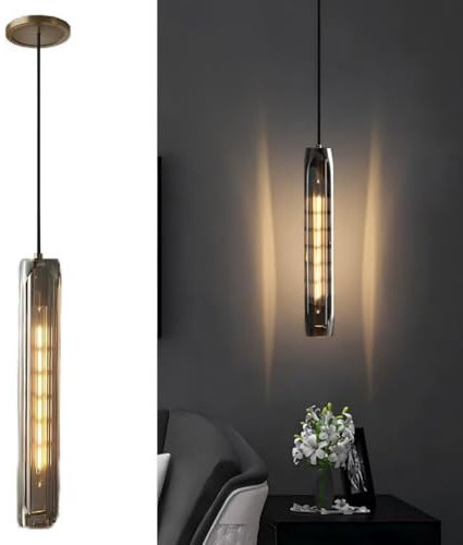 AstrizLamp Moderne pendelleuchte schlafzimmer Zylinder hängelampe Kristall Glas lange Pendellampe einflammig Höhenverstellbar deckenlampe für esstisch Nachttisch Wohnzimmer Küche Grau Lampenschirm