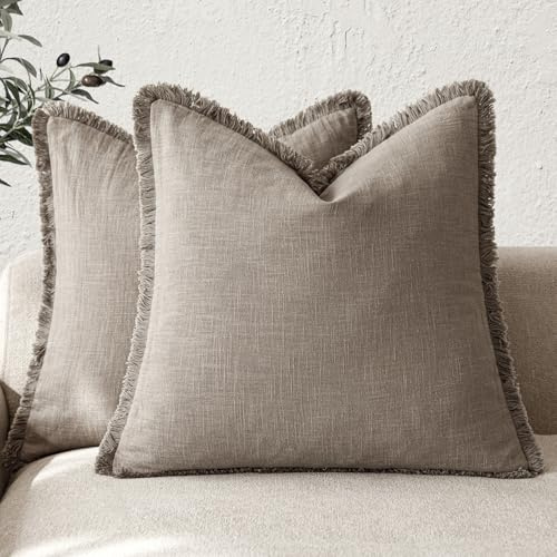 Foindtower Dekorative Leinen-Kissenbezüge, Boho-Stil mit Fransen, Landhaus-Stil, Quasten, Deko-Bezug für Couch, Stuhl, Bett, Wohnzimmer, Inneneinrichtung, 2 Stück, 55,9 x 55,9 cm, Braun/Hellbraun
