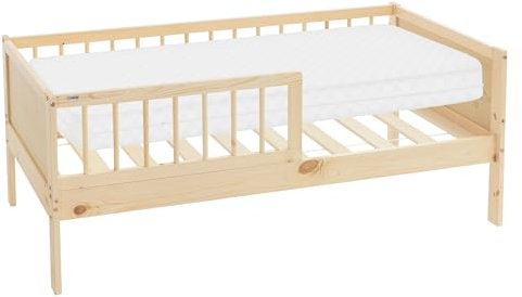 ML-Design Kinderbett 70x140 cm mit Matratze, Natur, Einzelbett für Kinder mit Lattenrost und Rausfallschutz, Jugendbett aus Kiefernholz, Holzbett, Bettgestell für Jungen & Mädchen, Massivholz Babybett