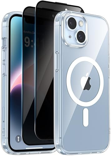 Helssitot Magnetisch Handyhülle für iPhone 13/iPhone 14 Hülle Kompatibel mit MagSafe mit 2 Stück Sichtschutz Schutzfolie, [Nie Vergilbung] Hard PC Kratzfest Stoßfest Schutzhülle Durchsichtig Case