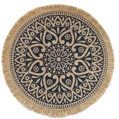 Manteles Individuales Redondos. Pack de 4 Salvamanteles Hechos a Mano. Estilo Boho. 100% Fibras Naturales de Yute Decorativos. Natural/Negro. Mesa de Comedor Elegantes 38cm. Bajo Platos Originales
