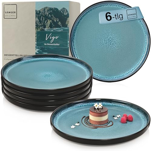 Sänger Vigo | Dessertteller 6 teilig, Steingut Teller Set 6 Personen, Kuchenteller spülmaschinenfest mikrowellenfest multifunktional Steingut Geschirr blau mit schwarzem Rand | VALUE COLLECTION