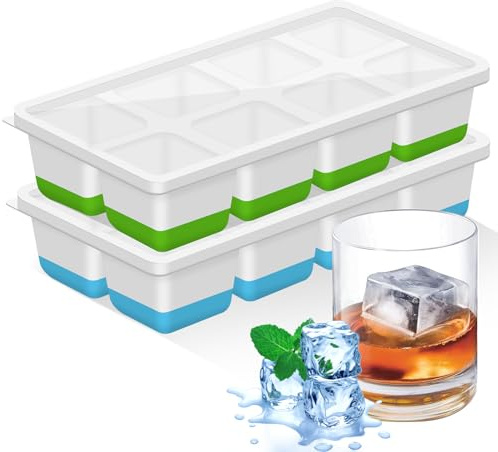 Große Eiswürfelform, 2-teilig, Eiswürfelform aus Silikon mit Deckel für Whisky, Cocktails, Bier, Wein, gekühlte Getränke, BPA-frei, stapelbar, wiederverwendbar (grün + blau)