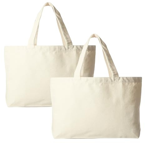 KEUGT Baumwolltasche,2 Stk Groß Einkaufsbeutel,45x35 cm | Baumwollbeutel Stofftasche, Stoffbeutel Unbedruckt, Tragetasche Wiederverwendbar für Bemalen Bestickung