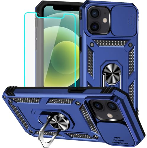 Yiakeng for iPhone 12 Mini Case with Screen Protector: [Military Grade 20ft. Drop Tested] Slide Camera Cover Ring Shockproof Protective Phone Case for - iPhone 12 Mini (Blue)