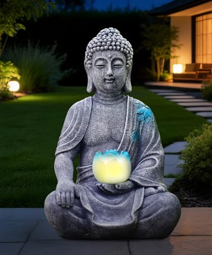 Goodeco Solar Buddha Statue mit LED-Kugel, Zen Garten-Deko, Grau | Wetterfeste Polyresin-Dekoration für Garten, Terrasse, Balkon, Beruhigende Geschenkidee für Zen-Liebhaber und Naturfreunde